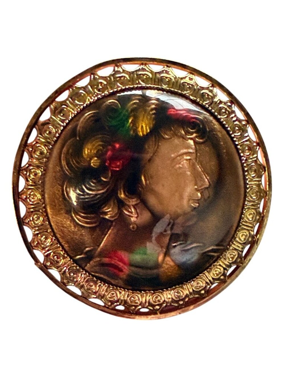 Vintage 1950s Reverse Carved Lucite Renaissance Lady Brooch New Old Stock
